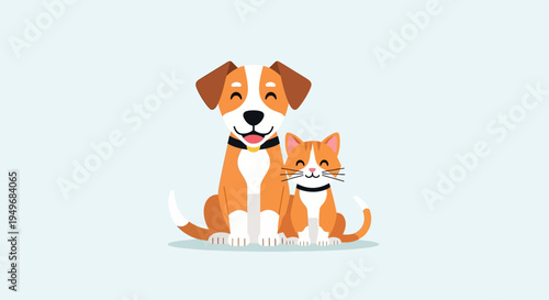 Cute Dog and Cat Sitting Together Pet Companion Illustration