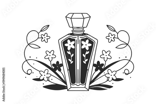 Elegant Perfume Bottle with Floral Embellishments Line Art.