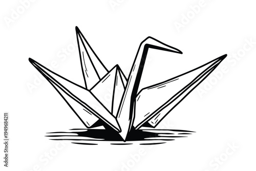Hand Drawn Black and White Origami Crane Illustration.