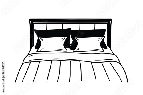 Hand Drawn Illustration of a Bed with Pillows and Blanket.