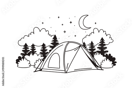 Hand Drawn Illustration of a Tent Under the Night Sky.