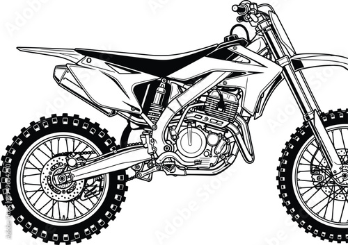 Detailed Black and White Illustration of a Motocross Motorcycle.