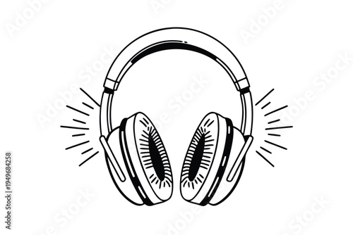 Hand Drawn Illustration of Headphones with Sound Waves.