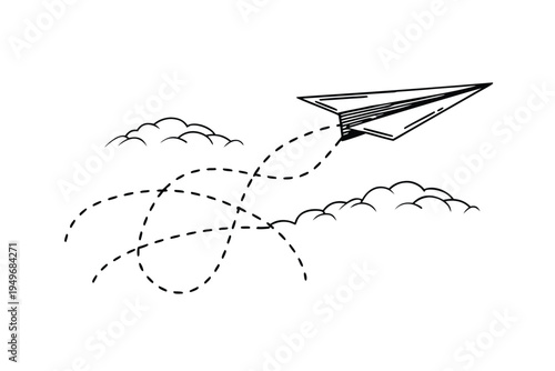 Handdrawn paper airplane soaring through clouds with a dotted flight path.