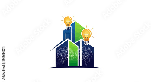 Abstract illustration of house with lightbulbs and brains representing ideas