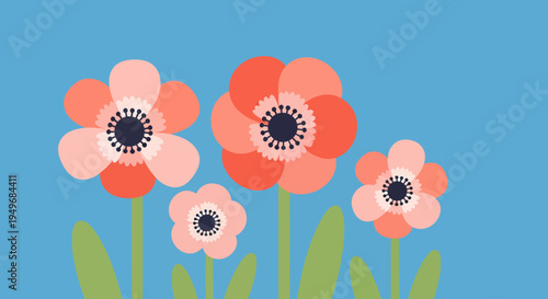Vibrant pink and coral flowers blooming gracefully against a cheerful blue background, a simple yet captivating illustration of nature's delicate beauty and serene tranquility
