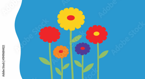 Cheerful and vibrant stylized flower illustration featuring colorful blooms with green stems, set against a bright blue background, ideal for spring-themed graphic designs