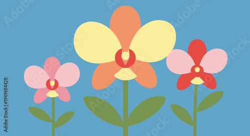 Stylized vector art featuring a trio of cheerful blossoms, bringing a pop of natural beauty and an uplifting floral touch against a clear blue sky, a delightful flower illustration