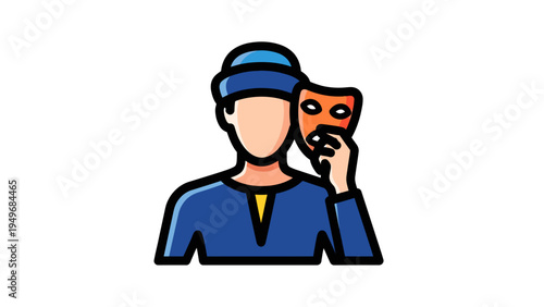 Person wearing blue outfit holding theater mask, vector illustration, flat design, concept of acting and performance, isolated on white background