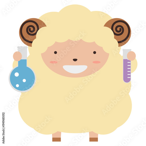フラスコを持って実験をしているかわいい羊のイラスト素材