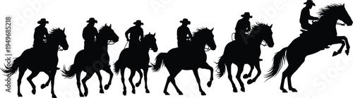 Cowboy riding horse motion sequence silhouette isolated on white background showing galloping horse stages western rider equestrian movement illustration for design stock concept