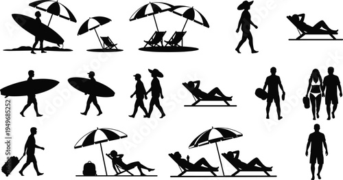 Beach vacation silhouettes set with surfers, tourists walking, sunbathing under umbrella, couple on holiday, summer travel lifestyle icons isolated on white background