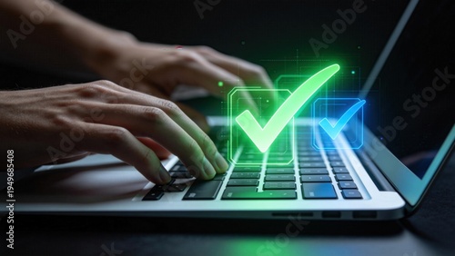 Green checkmark verification icon over laptop keyboard,online approval process and secure authentication concept,digital confirmation for successful transaction or compliance