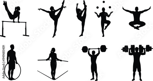 Gymnastics and fitness athlete silhouette set performing bar routine, stretching, juggling, jump rope and weightlifting exercises, sports training icons isolated vector illustration