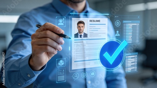 HR manager reviewing digital resume profile on virtual screen with approval check mark,recruitment technology concept for candidate evaluation,talent acquisition and online hiring process
