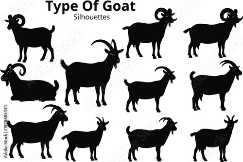 Goat silhouettes collection showing different types of goats standing and resting farm animals isolated on white background livestock agriculture vector illustration set