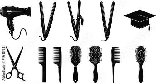 Hair salon tools silhouette collection including hair dryer, curling iron, straightener, scissors, comb and brushes professional hairstyling equipment set isolated vector illustration
