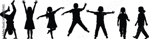 Happy children playing silhouette collection showing kids jumping, dancing and doing handstand poses, playful childhood activity illustration representing joy, energy and carefree youth lifestyle