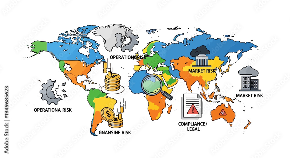 Naklejka premium Global risk assessment illustrated world map with financial and operational risks