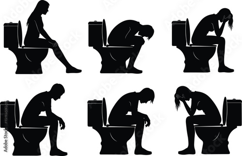 Man and woman sitting on toilet silhouette collection showing stomach pain, digestive problem and bathroom discomfort concept, representing health issue, illness and hygiene illustration