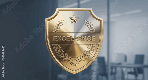 Golden shield emblem with excellence text and decorative elements