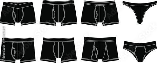 Men underwear silhouette set, boxer briefs and briefs collection, male underwear clothing icons isolated, men lingerie apparel vector illustration for fashion, textile, clothing design