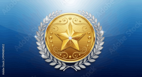 Golden star medal with laurel wreath awarded on blue gradient background