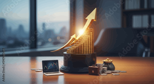 Golden staircase arrow symbolizing growth and financial success on a desk