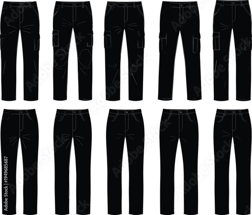 Men cargo pants and casual trousers silhouette collection with different pocket styles, fashion clothing set showing front view pants design isolated