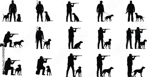 Hunter with dog silhouettes collection showing hunting man aiming rifle with hunting dogs isolated on white background outdoor sport activity vector illustration set
