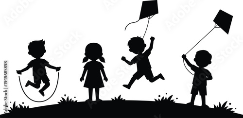 Children playing silhouettes kids jumping rope flying kite outdoor childhood fun vector illustration playful boys and girls design