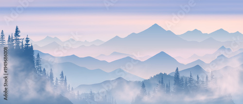 Sunrise in the mountains, misty silhouettes of ridges, fog in the valley, vector illustration
