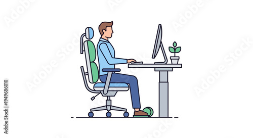 Office workspace illustration chair desk computer wi fi signal isolated design
