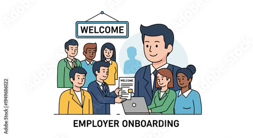 Onboarding illustration team welcoming new employee in office environment