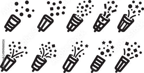Black and white party popper icons with confetti celebration