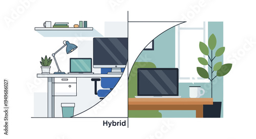 Hybrid work environment concept illustrated with desks and computers