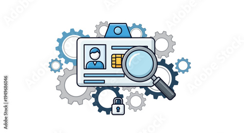 Id badge with magnifying glass and gears conceptual illustration