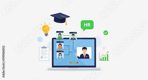 Online education and hr concept laptop with graduation cap and lightbulb