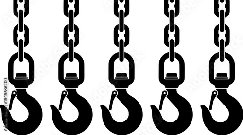 Industrial-style meat hooks hanging in a row in monochrome design
