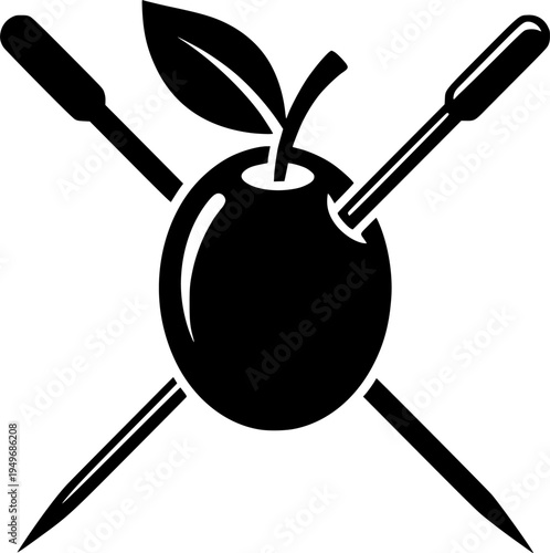 Maraschino cherry on cocktail pick with leaf in sketch style
