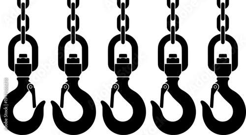 Industrial-style meat hooks hanging in a row in monochrome design
