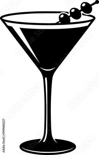 Martini glass with olives on stick in vintage engraving style
