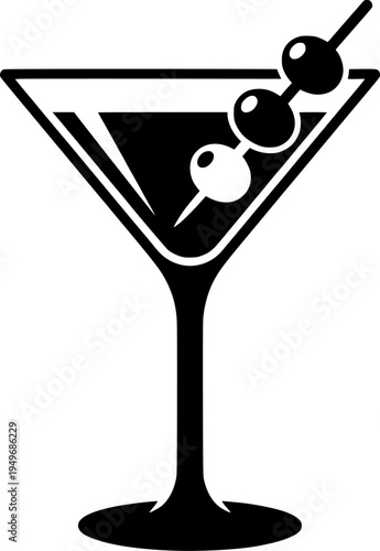 Martini glass with olives on stick in vintage engraving style
