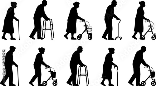 Elderly people using walking aid silhouette set collection. Senior pensioner people walking with walking aids vector silhouette.
