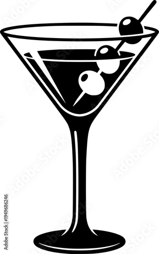 Martini glass with olives on stick in vintage engraving style
