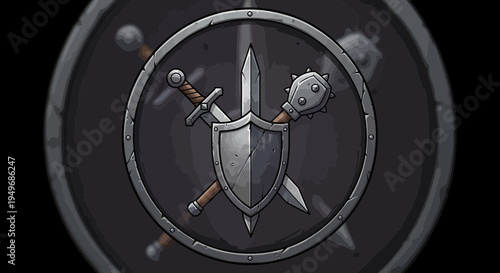 Medieval shield and weaponry emblem design on dark background