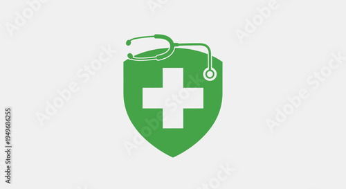 Medical shield icon green cross and stethoscope for healthcare protection