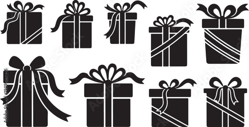 Black gift boxes with ribbons and bows icon set