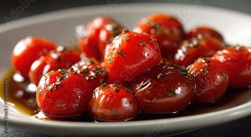 Glazed Cherry Tomatoes - Vibrant Red, Glossy, and Appetizing Close-Up.