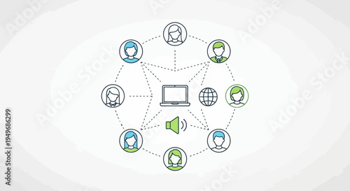 Network of connected people around laptop and global communication